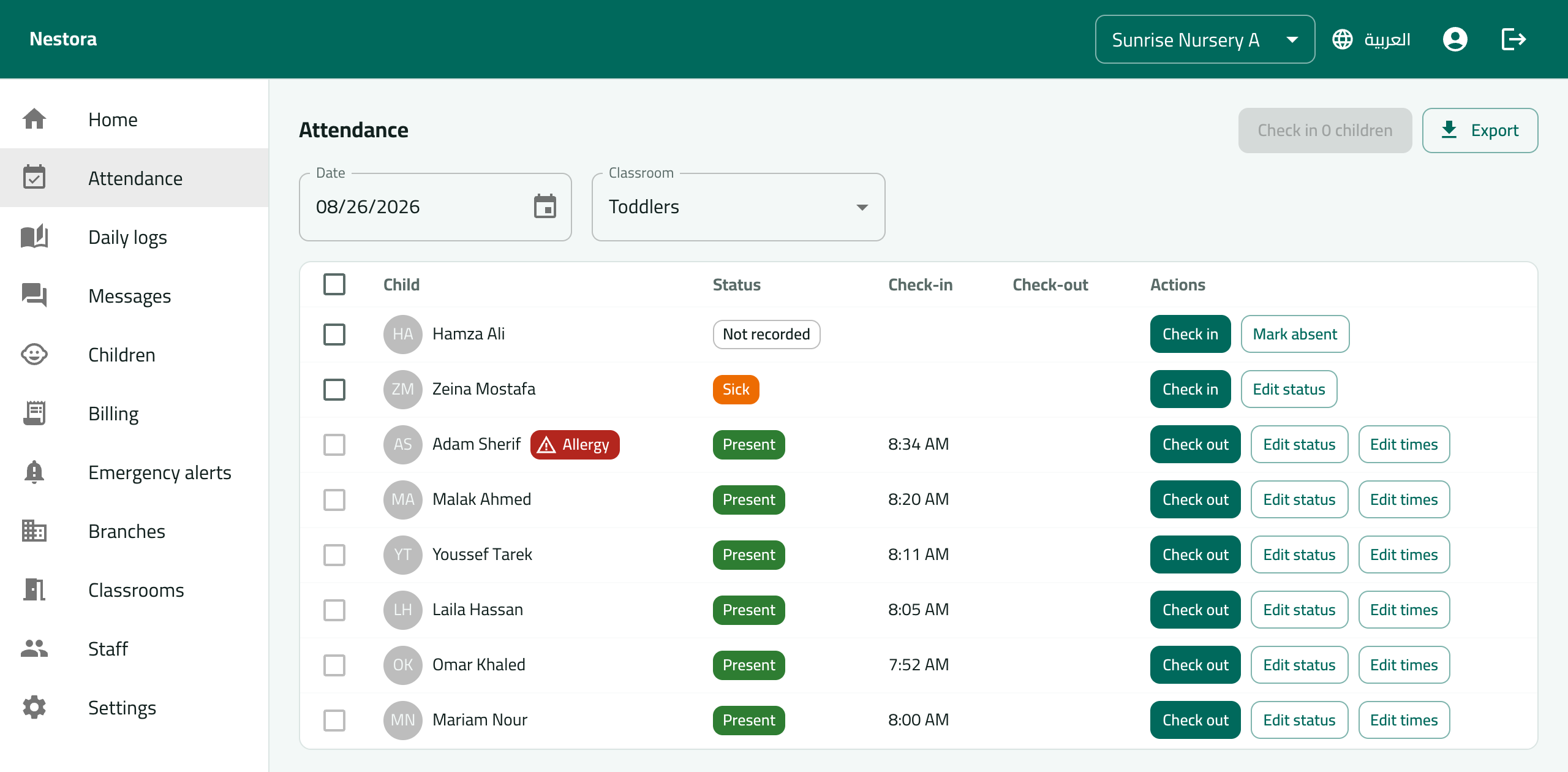 Nestora's attendance screen: a classroom roster with check-ins, statuses, and an allergy flag