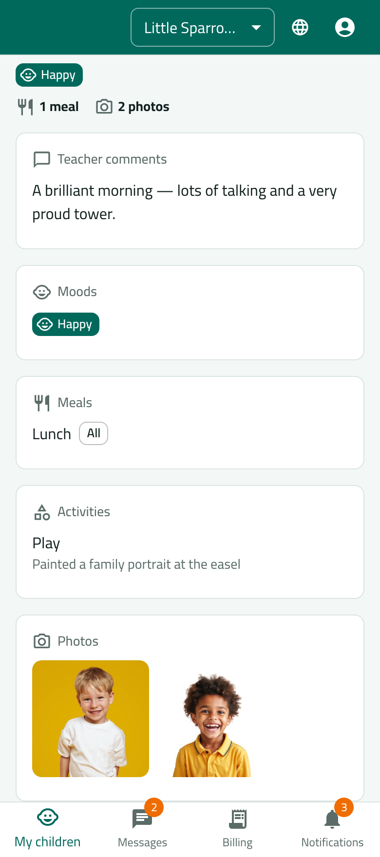 A parent's view in Nestora: today's report for their child — mood, meals, photos and the teacher's note